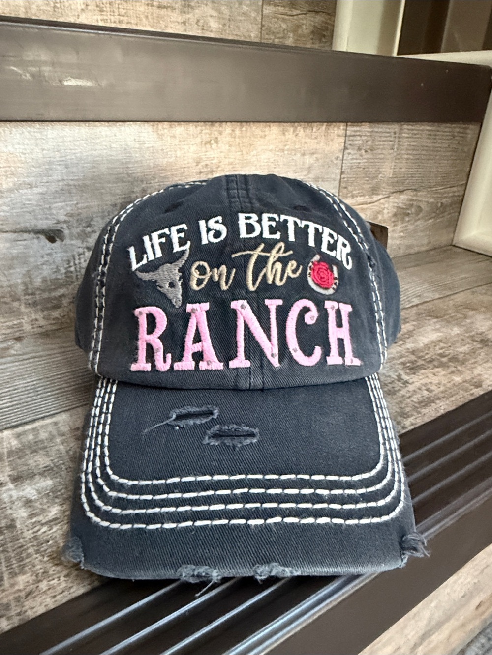NWT KBETHOS WOMENS VINTAGE Life Is Better On The Ranch Embroidered Black Cap